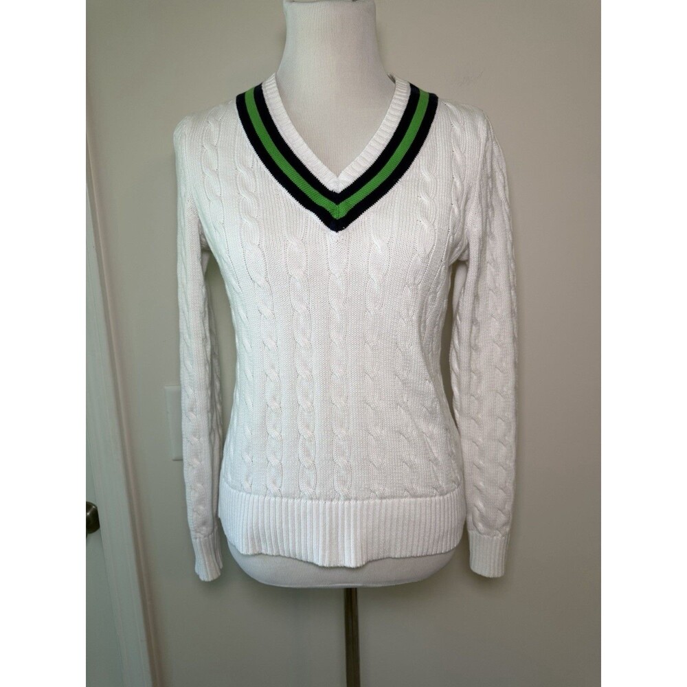 Lauren Ralph Lauren Active Cable Knit Sweater White Green Navy V Neck Cotton Med